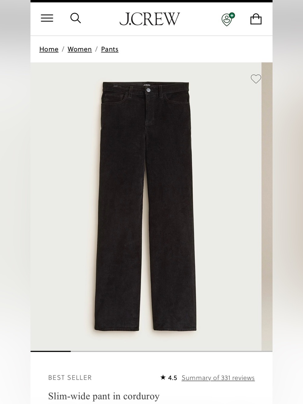 J. Crew Slim-wide pant in corduroy - Black